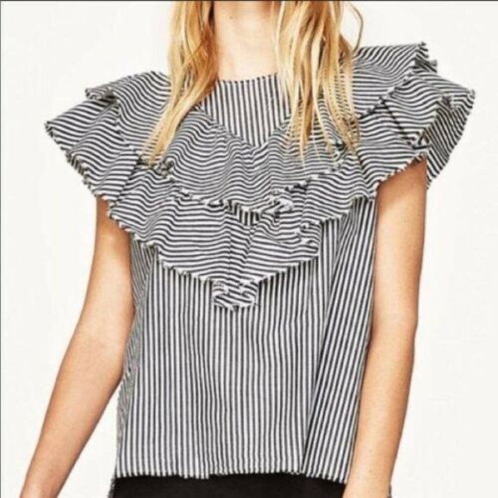 Zara - Striped Poplin Blouse With Frill Large